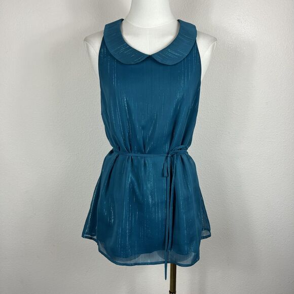 ModCloth Top Womens Small Teal Peter Pan Collar Metallic Belted Blouse Mod Retro - Picture 1 of 10